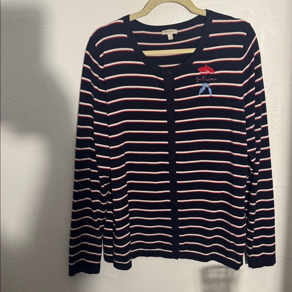 J. Crew Navy Cardigan with Red and White Stripes